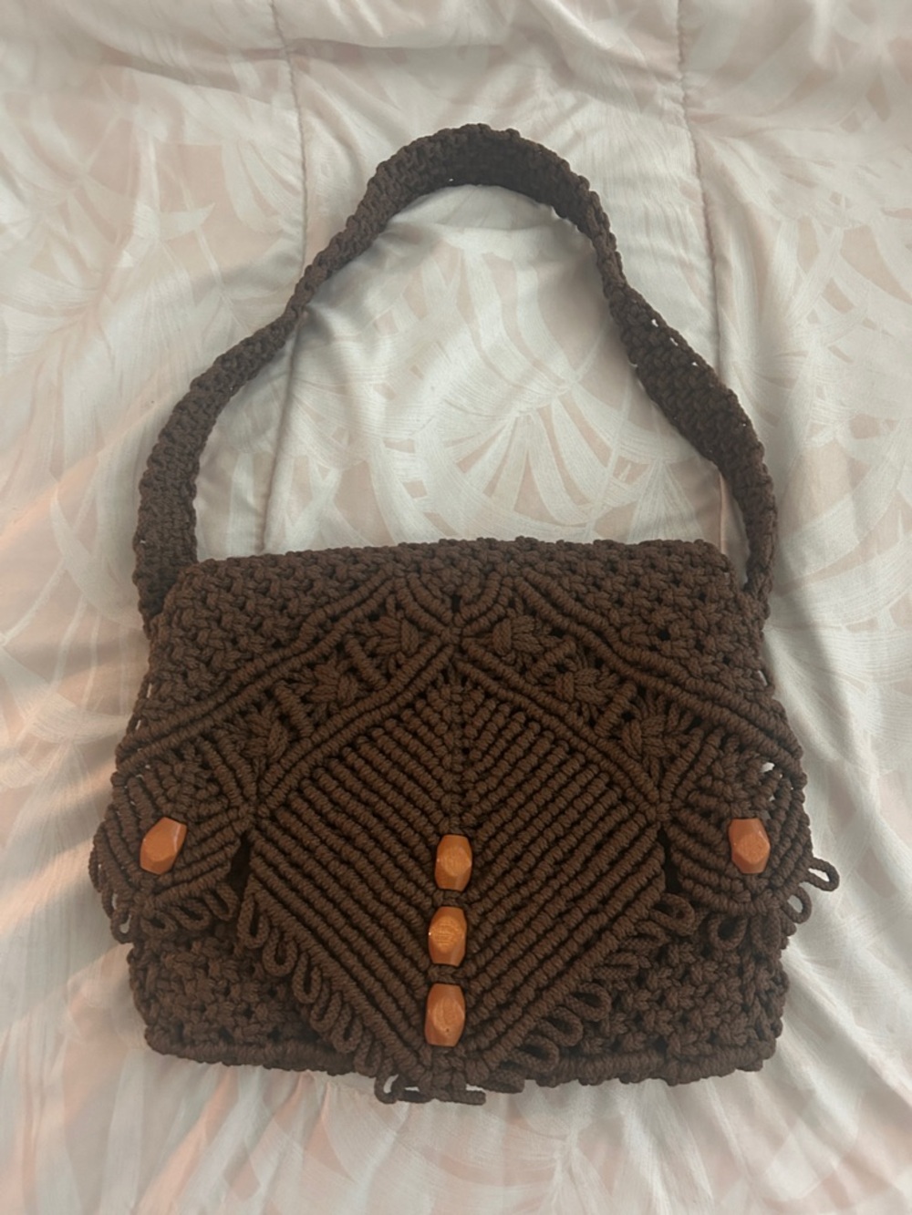Handcrafted Brown Macramé Shoulder Bag with Wooden Bead Accents